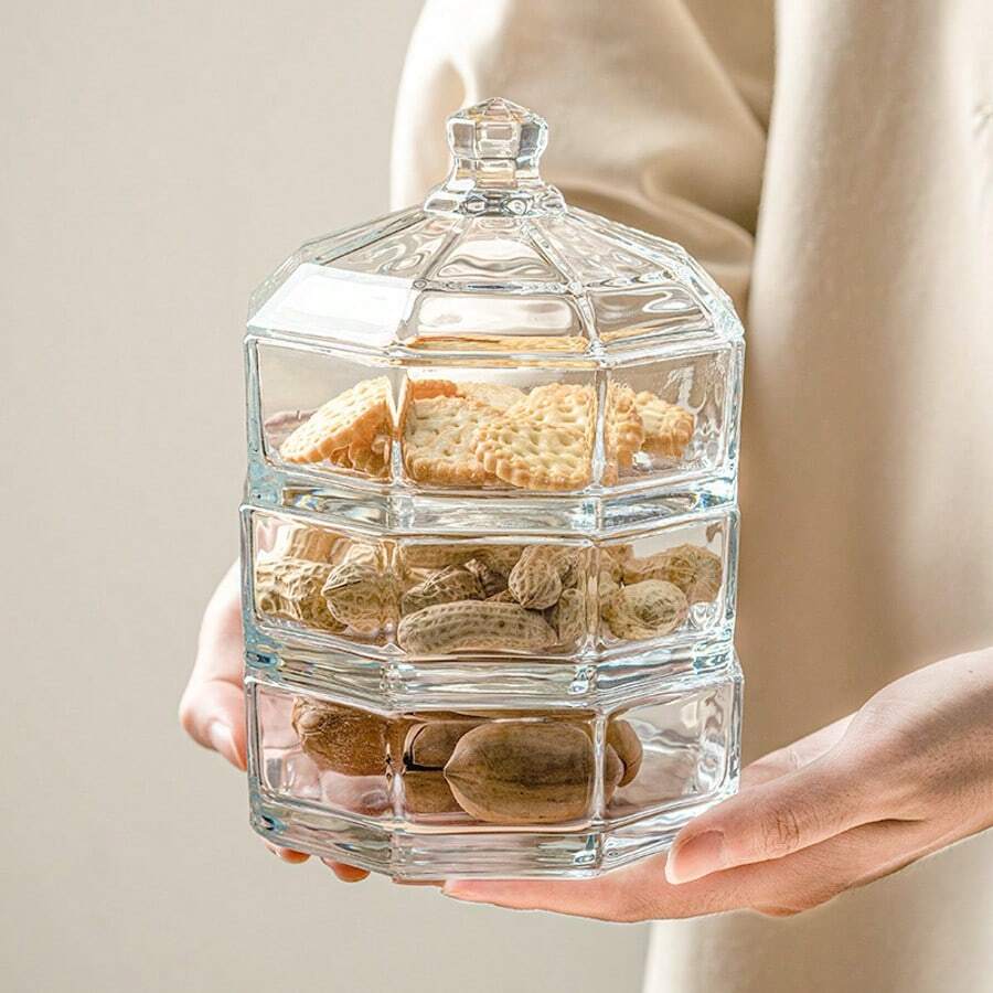 Plat en verre empilable pour bonbons/collations avec couvercle, assiette de rangement pour gâteau, dessert, fruits, noix - Voir 1