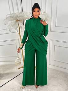 AIJ Amarilo Plus Size Sexy Round Neck Sheer Mesh Long Sleeve Wrap Jumpsuit - Suitable For Parties And Gatherings Spring - Dark Green - View 1
