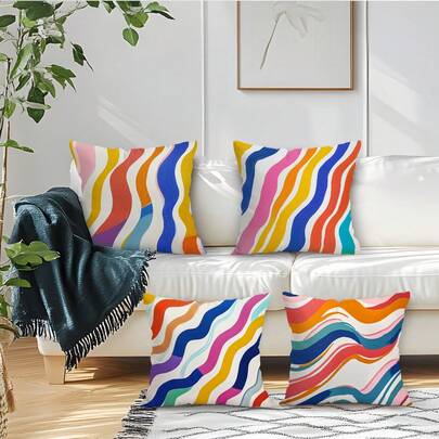 4pcs Geometric Striped Velvet Single-Sided Printed Throw Pillow Covers, 100% Polyester, Living Room Sofa Bedroom Decor, Cushion Covers Only, 40x40cm/45x45cm/50x50cm