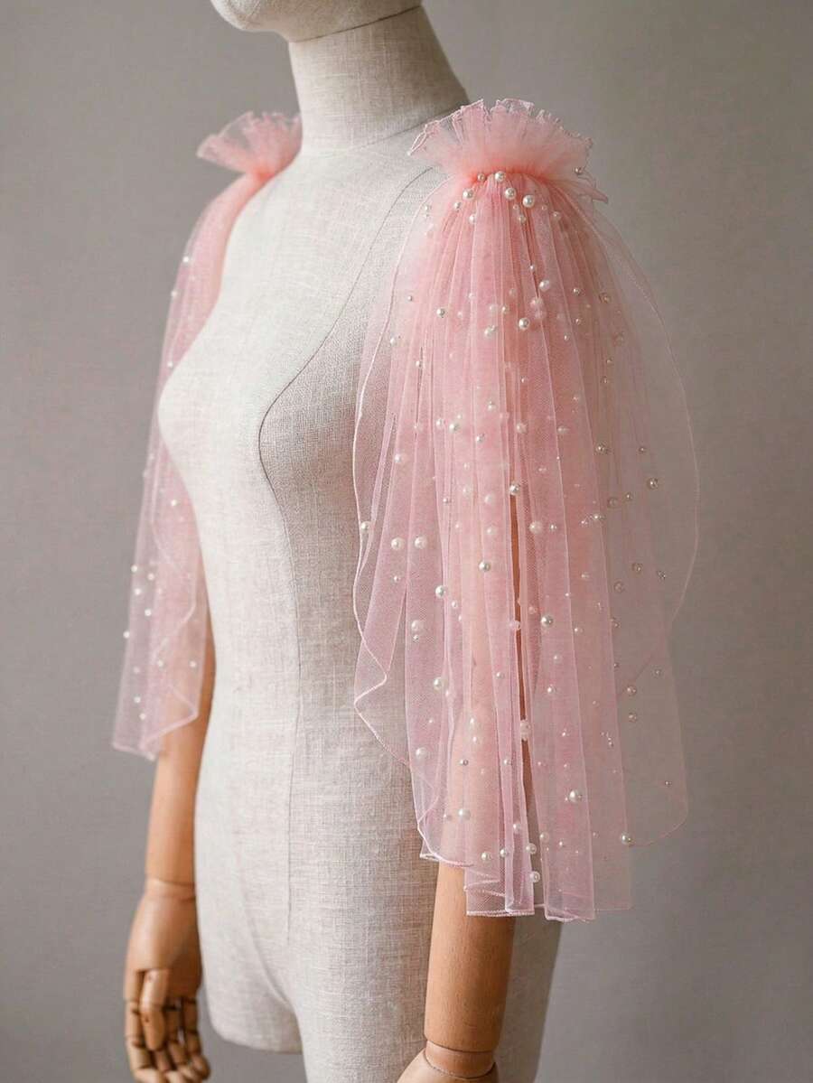 Pink Bridal Shawl, Faux Pearl Detachable Shoulder Wrap, Suitable For Wedding, Party, Easter
