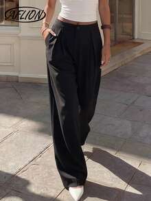 Aflion Women's Black High-Waisted Wide Leg Straight Pants, Fashionable Loose Street Style Trousers Suitable For Casual Daily Wear, Valentine's Day Dates, Shopping, Campus Outfits, Carnival Parties And More - Black - View 7
