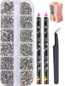 Multi-Size AB Crystal Rhinestone Nail Art Decoration Set, Flat Back Transparent Crystal Rhinestones DIY Nail Decor With Nail Wax Pencil, Tweezers And Other Nail Art Supplies - Multicolor - View 2