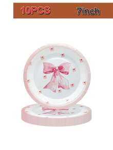 10件套粉色蝴蝶结一次性餐具套装 - 包括9/7英寸餐盘、9盎司杯子和餐巾纸，适合生日派对、女孩派对和春季聚会 - 彩色 - 查看 6