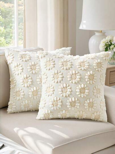 Fundas de almohada de peluche con estampado floral en color crema, un set de 2, fundas decorativas suaves y texturizadas de 18x18 pulgadas, que aportan una sensación acogedora y ligera al sofá, cama, dormitorio o decoración de estilo granja moderna en la sala de estar