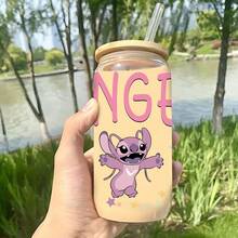 Disney 1pc 16oz Glass Cup With Cute Angel Pattern, Comes With Lid And Straw, Multi-Purpose Water Bottle, Boxed With Anti-Counterfeit Code - Angie - View 4
