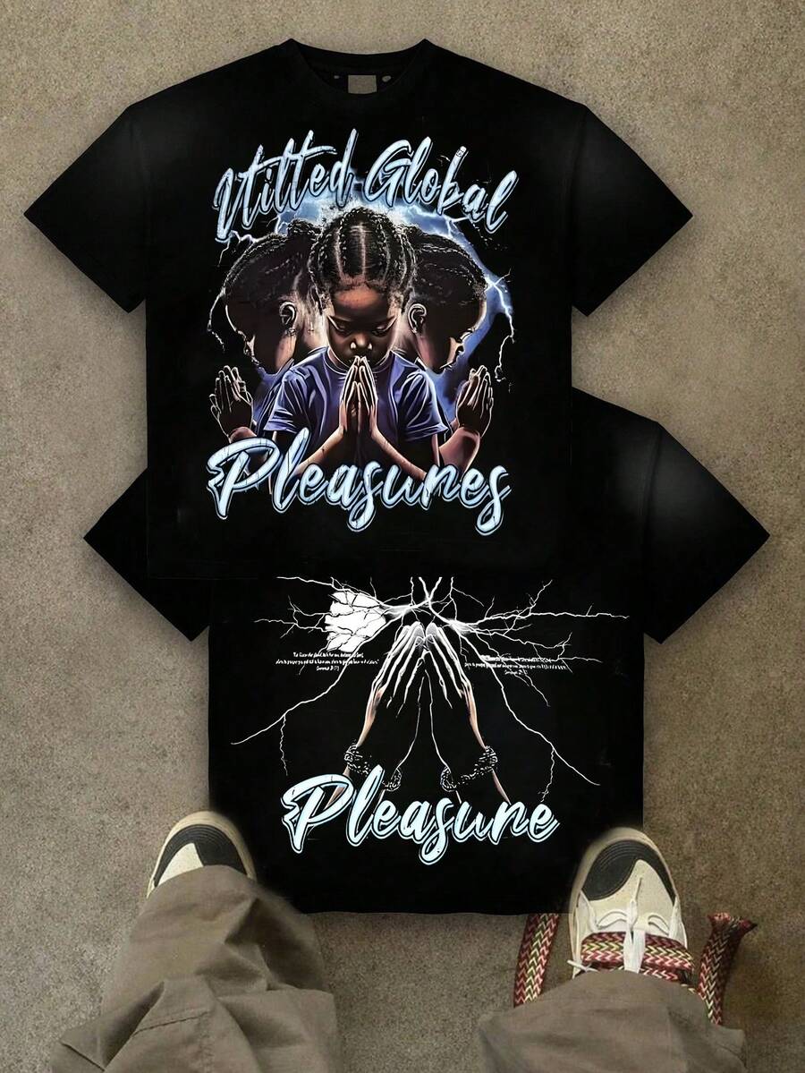 (180g Cotton T-Shirt)  God's Plan   Pattern Print Men's Summer Round Neck Short Sleeved Casual Cotton Print - 黑色 - 查看 1