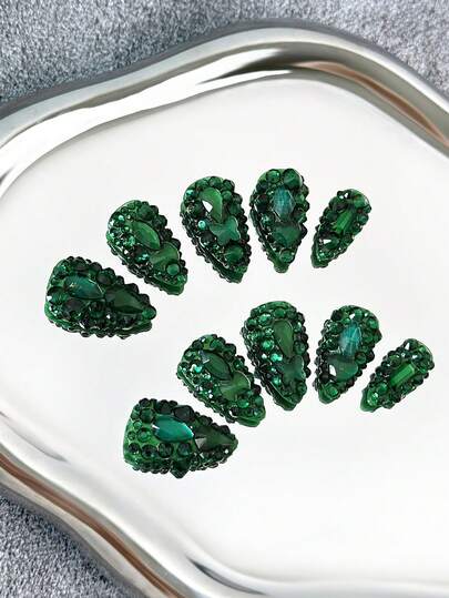 Móng tay giả Y2K Stiletto thủ công, móng dán tự dính với đầu móng trong suốt, đá pha lê xanh và thiết kế 3D lấp lánh phủ kín - Móng tay giả tự làm phủ kín, móng tay lấp lánh cho các bữa tiệc, hoạt động ngoài trời, bãi biển, hàng ngày, ngày lễ, tụ họp, công việc và các sự kiện đặc biệt - 10 chiếc/túi