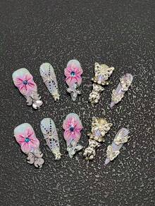 Bộ 10 móng giả cao gót thủ công 3.3cm, đính đá, nơ, cánh hoa và họa tiết chấm bi, phù hợp cho phụ nữ và bé gái, dịp Lễ Tình nhân, tiệc tùng, lễ hội và sử dụng hàng ngày. Phụ kiện làm móng, bộ dụng cụ làm móng acrylic, bao gồm bộ dụng cụ, móng giả dán, và các vật tư làm móng. Móng giả dán. - Nhiều màu - Xem 1