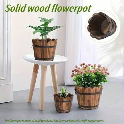 1个复古实木防腐花盆，室内/室外园艺种植盆，户外花园庭院装饰木桶，适用于客厅、阳台、后院，多功能家居装饰