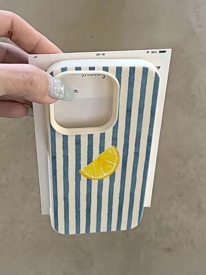 1 pieza Funda de teléfono con textura mate, cobertura completa y anti-caída, con diseño de rayas azul marino y limón, compatible con Apple 11/12/13/14/15/16/17 Pro Max/Plus/7/8/XR, A55/54/53/52/51, S25/24/23/22/21 Series