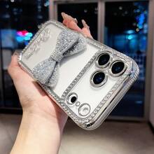 Funda de teléfono de TPU con láser grabado, plateada, con lazo y cristales, compatible con iPhone 7/8/SE2/7p/8p/X/XS/XR/XS Max/11/11 Pro/11 Pro Max/12/12 Pro/12 Pro Max/13/13 Pro/13 Pro Max/14/14 Pro/14 Pro Max/15/15 Pro/15 Plus/15 Pro Max, cubierta protectora - Plateado - Ver 5