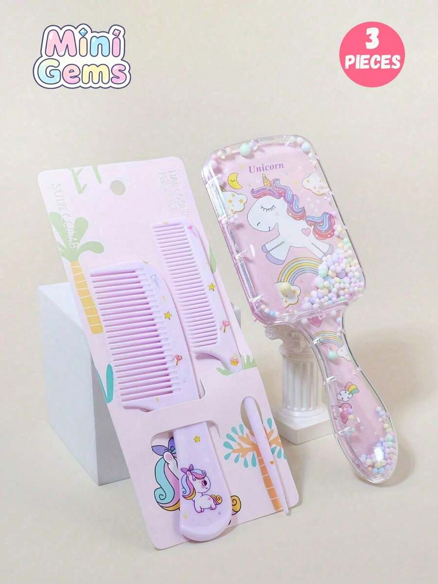 3件套卡通发梳套装 - 适用于干湿两用梳理和造型,耐用ABS塑料手柄,完美礼品之选(随机紫色独角兽图案) - 彩色 - 查看 1