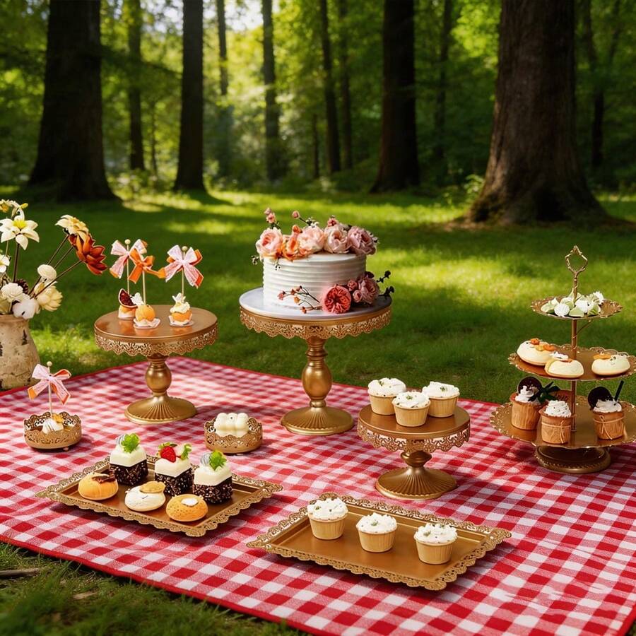 Wedding Party Essentials,8pcs Dessert Table Display Set: Romantic Golden Round Cake Stand & Cupcake Tower For Birthday Parties, Weddings & Baby Showers, Gold/Cream White - 香檳色 - 查看 1