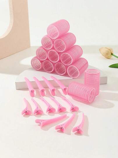 12 piezas Conjunto de rulos de cabello autoadhesivos con 12 piezas de pinzas de cocodrilo, adecuado para cabello largo, mediano, corto, grueso, fino, flequillo, crea peinados voluminosos, herramienta de peluquería, peinados DIY (rosa), rulos de cabello sin calor, productos y accesorios para el peinado, adecuado para salones, peluquerías, vuelta al colegio, viaje