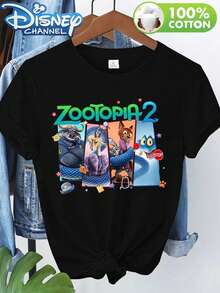 Disney Women's Casual Zootopia 2 Character Print 100% Cotton Short Sleeve Round Neck Regular T-Shirt - màu đen - Xem 1
