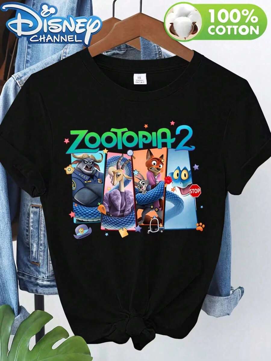 Disney Women's Casual Zootopia 2 Character Print 100% Cotton Short Sleeve Round Neck Regular T-Shirt - màu đen - Xem 1
