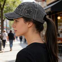 1pc Ladies' Embroidered 5-Pointed Star Washed Ponytail Distressed Baseball Cap, Sun Protection Leisure Hat Suitable For Spring/Autumn Travel, Beach Holidays, Men's Sun Hat, Y2K Style Youth Hat - A - 查看 2