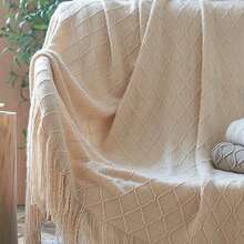 1入組針織毛毯/毯子適用於沙發、床、辦公室午睡、夏季披肩、冬季保暖 - 米色 - 查看 5