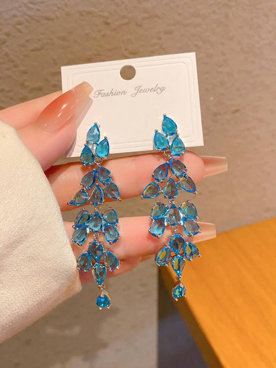 2pcs Luxurious Gradient Blue Teardrop Layered Earrings, For Evening Party & Festivals