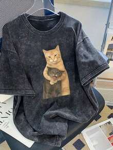 1 PcsInteresting Cat Print Short Sleeve T-Shirt, Unique Small Batch Design Women's Top, Washed Cotton T-Shirt, Casual Women's Clothing, Snowflake Pattern Fabric, Regular Fit Comfortable Round Neck Casual Top, Vintage Distressed T-Shirt, Regular Fit Women's Clothing, Spring/Summer Apparel210g 100% Cotton,The Patterns Are All Printed. Unisex. - Đen 2 - Xem 4