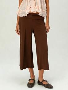 Women Fold Over Low Rise Lounge Capris Pants Casual Wide Leg Cropped Flowy Gaucho Pants Comfy Foldover Waist Yoga Coluttes Pajama Bottoms Summer Beach Palazzo Pants - 棕色 - 查看 1
