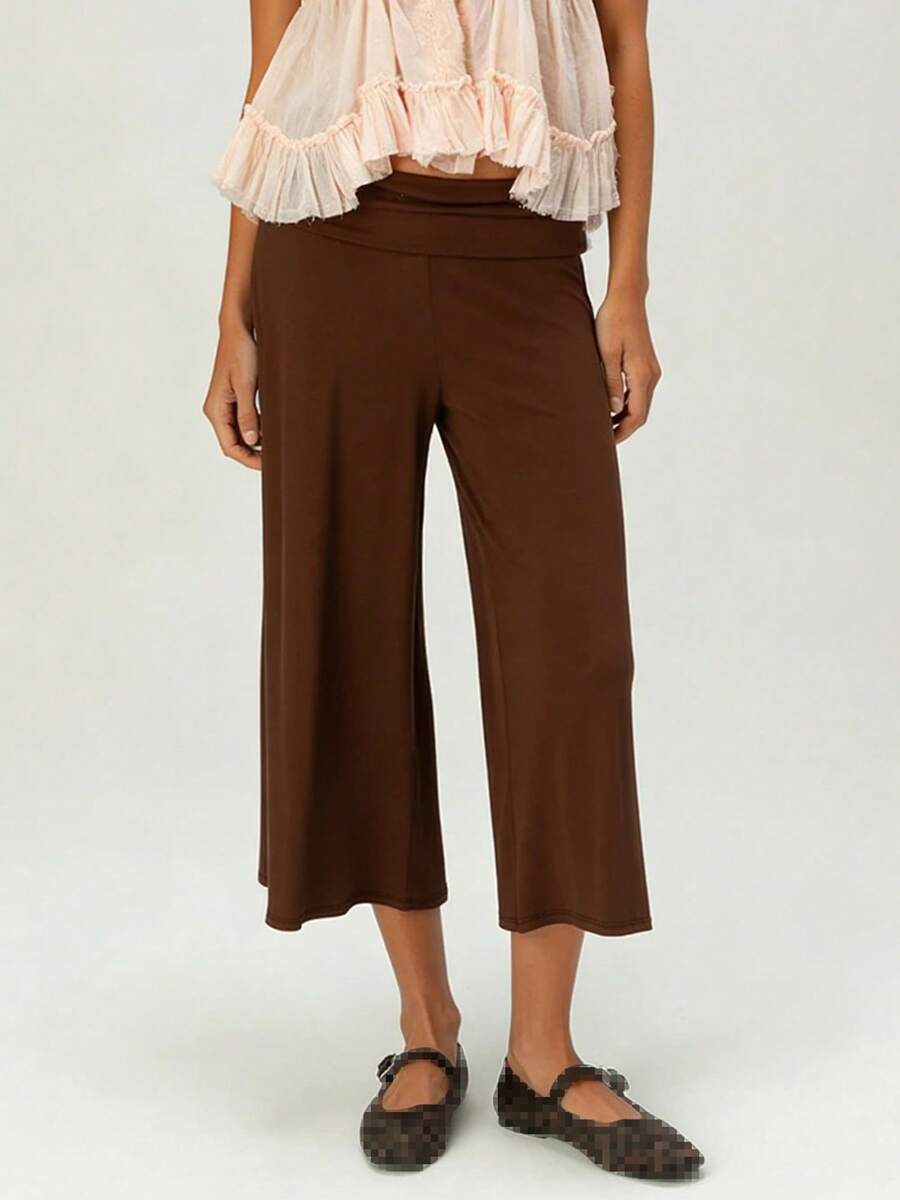 Women Fold Over Low Rise Lounge Capris Pants Casual Wide Leg Cropped Flowy Gaucho Pants Comfy Foldover Waist Yoga Coluttes Pajama Bottoms Summer Beach Palazzo Pants - 棕色 - 查看 1