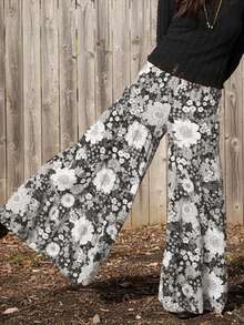 Pantaloni larghi a gamba ampia con stampa floreale per donne taglia comoda, eleganti con tasche, stile campagnolo adatto per vacanze, casual per uso quotidiano, adatti per tutte le stagioni, pantaloni romantici primaverili - Grigio - Visualizzare 3