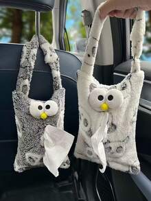 1pc Grey & White Plush Tissue Box, Car Hanging Tissue Paper Holder - Tissue Box - View 9