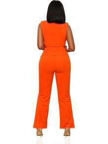 CALEBGAR Women's Business Suit V Neck Sleeveless Belted Vest And High Waisted Straight Leg Pants 2 Piece Office Workwear Set - 橘色 - 查看 5