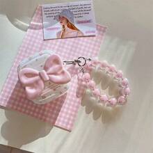 Pink Bowknot Bluetooth Earphone Protective Case, Soft Shell Anti-Drop With Pink Beaded Bracelet - Multicolor - View 3