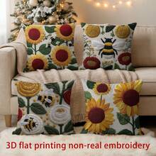 4件套3D向日葵印花毛绒抱枕套，柔软面料，饰有蜜蜂和雏菊图案，可水洗，45x45厘米，适用于卧室或客厅沙发（不含枕芯） - 彩色 - 查看 1