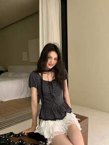 荷叶边拼接波点短袖衬衫，优雅修身纯色夏季女式上衣 - 灰色 - 查看 4