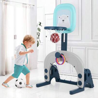 3-In-1 Kids Basketball Hoop Set, Activity Centre With Soccer Goal And Ring Toss, Indoor And Outdoor Toddler Sports Toy