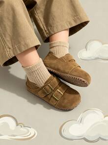 1 Pair Kids Girls Double Metal Buckle Decor Suede Leather Non-Slip Round Toe Flat Shoes, Retro Casual Boston Moccasins For Spring Autumn Daily School Wear - Camel - View 2