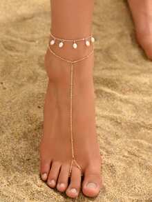 Set de 2 piezas Tobillera de perlas falsas blancas con borlas, anillo para el dedo del pie de cadena metálica, adecuado para uso diario y vacaciones en la playa - Dorado - Ver 1