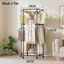 6-Arm Foldable Clothes Drying Rack With Wheels, 360° Single/Double Layer Rotating Clothes Drying Rack, Heavy-Duty Hexagonal Clothes Drying Rack, Easy Assembly Without Tools, Multi-Functional Clothes Drying Rack, Suitable For Balcony, Bedroom, Indoor And Outdoor Use. - Black Double Layer - View 6