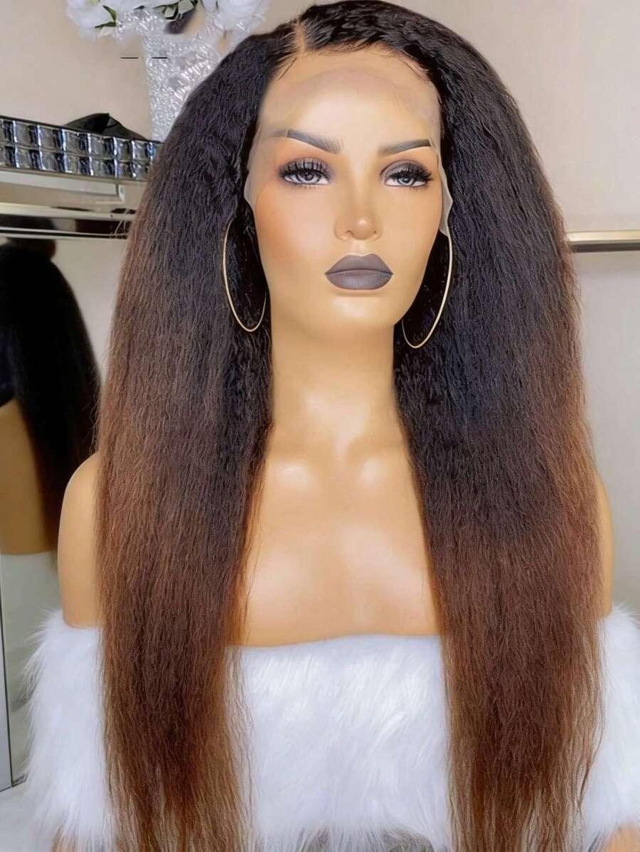 Ombre Brown Yaki Straight Lace Front Wigs Human Hair 13X4 HD Transparent Glueless Wigs Human Hair Pre Plucked With Baby Hair 250 Density Kinky Straight Glueless Wigs Human Hair For Women Beginners - 漸層色 - 查看 1