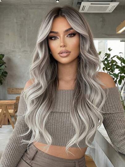 22 Inch Long Wavy Wigs With Medium Part Bangs Dark Root Grey Wigs For Women Brown Ombre Hair With Blonde Wigs,Heat-Resistant Synthetic Wigs For Daily Party Cosplay Wigs