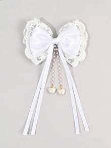 1pc White Beige Mesh Mother's Day Hair Bows, Elegant Ribbon Hairpin, Lace Pearl Heart Alligator Clips Bow Hair Clips, Ballet Style Wedding Spring Summer Barrettes, Sweet Hair Accessories For Girls - Multicolor - View 1