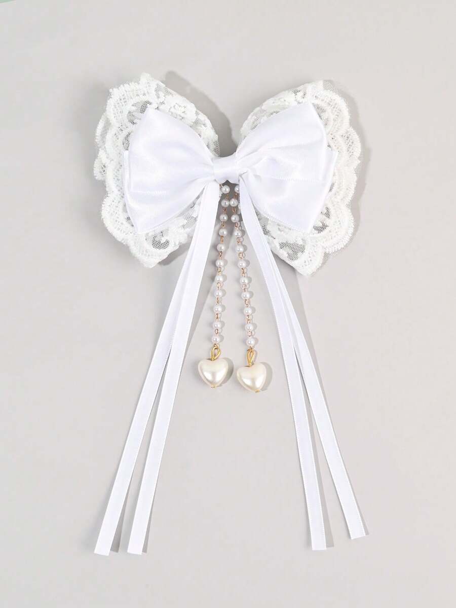 1pc White Beige Mesh Mother's Day Hair Bows, Elegant Ribbon Hairpin, Lace Pearl Heart Alligator Clips Bow Hair Clips, Ballet Style Wedding Spring Summer Barrettes, Sweet Hair Accessories For Girls - Multicolor - View 1