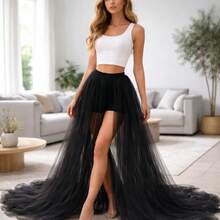 4-lagiger schwarzer Unterrock, Damen Unterkleid, transparenter Stoff, sexy, geeignet für alle Jahreszeiten, zeigt elegante Damenstimmung, elastischer Bund, Chiffon-Stil, anmutig, geeignet für Hochzeitsfotografie, Dates, Brautjungfern, Bühnenauftritte, Laufsteg - A - Übersicht 5