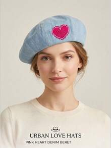 1顶女士日式字母刺绣宽檐牛仔渔夫帽，大檐贝雷帽，复古贝雷帽，春夏款 - A - 查看 4