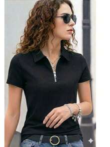 Women's Premium Polo Shirt With Zipper - Negro - Ver 3