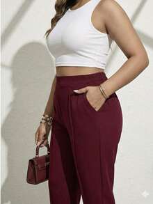 Pantalón de talla grande para mujer con detalles de bolsillo, de talla XL a 5XL, de tela suave - Burdeos - Ver 3