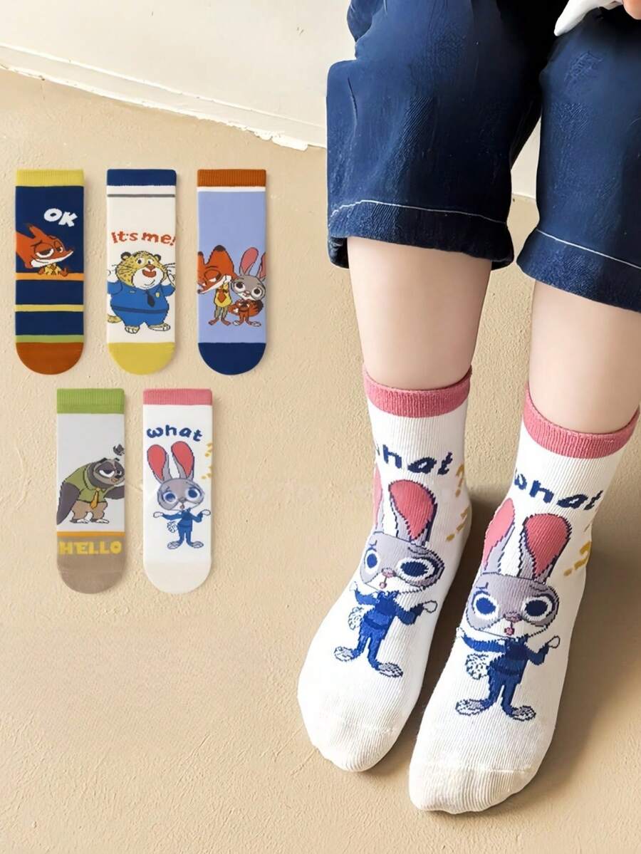 Disney 1/5 双儿童袜子，中筒袜，卡通可爱款，四季皆宜，尼克和朱迪卡通人物袜子 - 彩色 - 查看 1