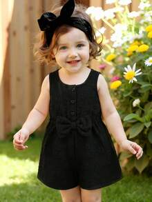 Baby Girls' Cute Solid Color Round Neck Sleeveless Bow Decor Button Design Half-Placket Romper, Suitable For Home, Daily Wear And Outings, Spring/Summer - Black - View 4