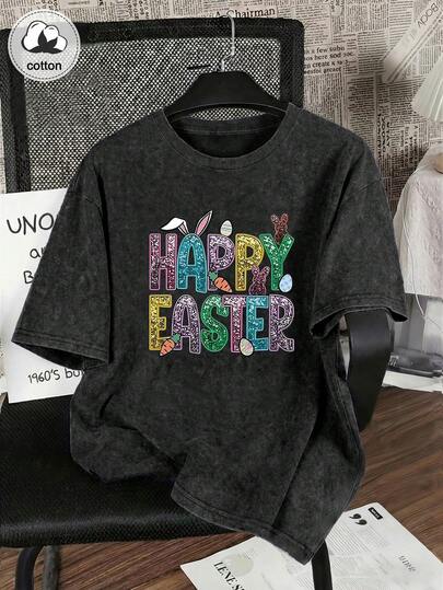 Women's Easter T-Shirt, Happy Easter Print, Casual Round Neck, Geometric Pattern, Fashionable Top For Spring/Summer, Plus Size Clothing, Loose Fit Cotton T-Shirt