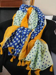 1条波西米亚简约印花围巾，时尚女士披肩，新款户外度假防晒沙滩巾，亚麻质感复古流苏围巾 - 彩色 - 查看 4