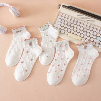 5 Pairs Women Fruit Print Socks Comfortable Suitable Breathable All Seasons Wear White Blue Floral Sweet Style Casual Socks Suitable For All Seasons Random Colors
