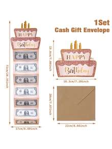1pc Pink & Gold Cake Fold Money Card, Birthday Greeting Card, Birthday Party Surprise Gift Fold Money Card Gift Card - Birthday Cards - View 12